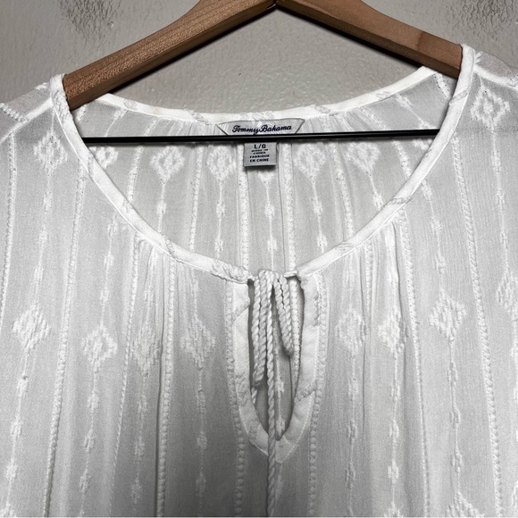 Tommy Bahama Women Top Large White Embroidered Tie Neck Peasant Cottagecore Boho - Picture 5 of 9